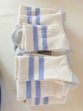 Men's 10 Pack Athletic Crew Socks - White with Light Blue Stripes